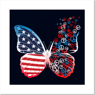 Patriotic Butterfly with Peace Signs 4th of July US Flag Posters and Art